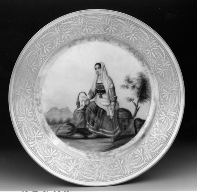 donna col costume di Teramo (piatto) - manifattura napoletana (secondo quarto sec. XIX)