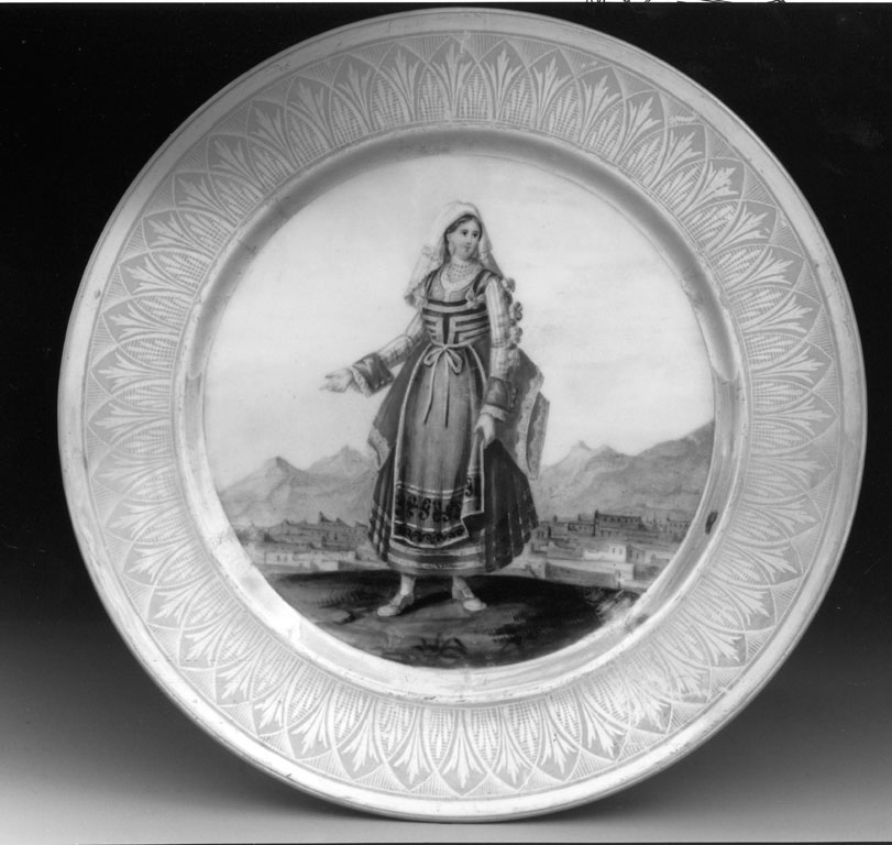 donna in costume di Chieti (piatto) di Nardone Francesco - manifattura napoletana (secondo quarto sec. XIX)