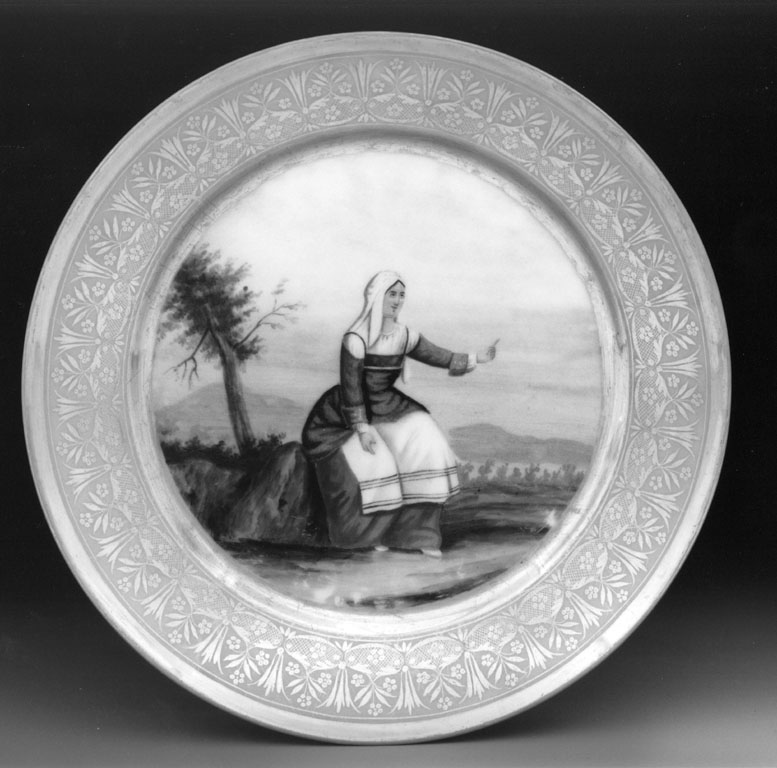 donna col costume di Pietransiera (piatto) di Nardone Francesco - manifattura napoletana (secondo quarto sec. XIX)