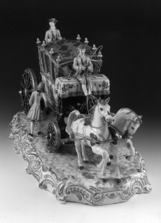 carrozza con cocchiere trainata da due cavalli (scultura) - manifattura di Jean-Marc Claus (sec. XIX)