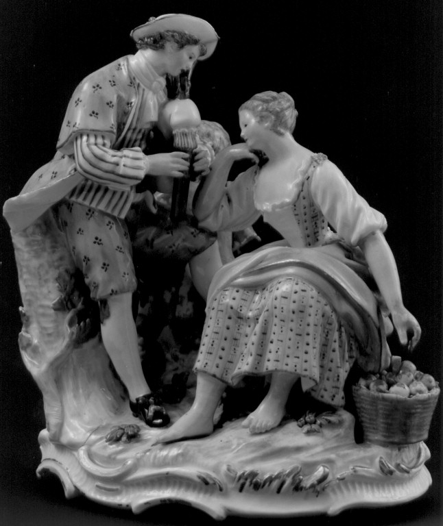 dama, bambino e suonatore di cornamusa (scultura) - manifattura di Meissen (sec. XVIII)