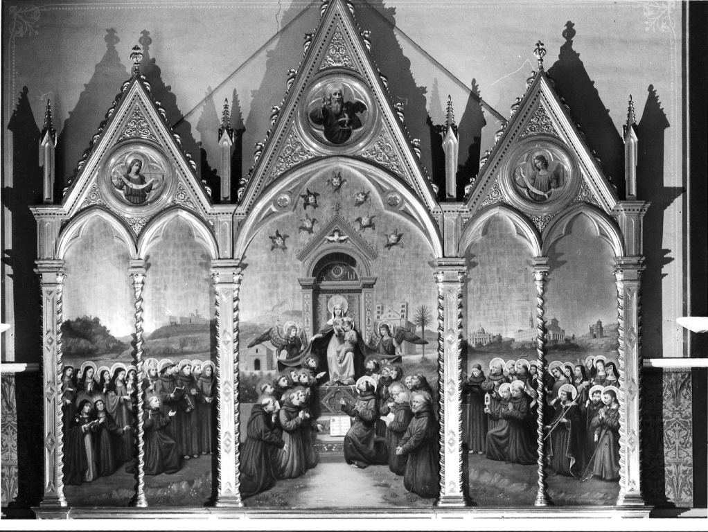 Regina Immacolata madre dell'ordine francescano con San Francesco e santi (trittico) di Frenguelli Pasquale (inizio sec. XX)