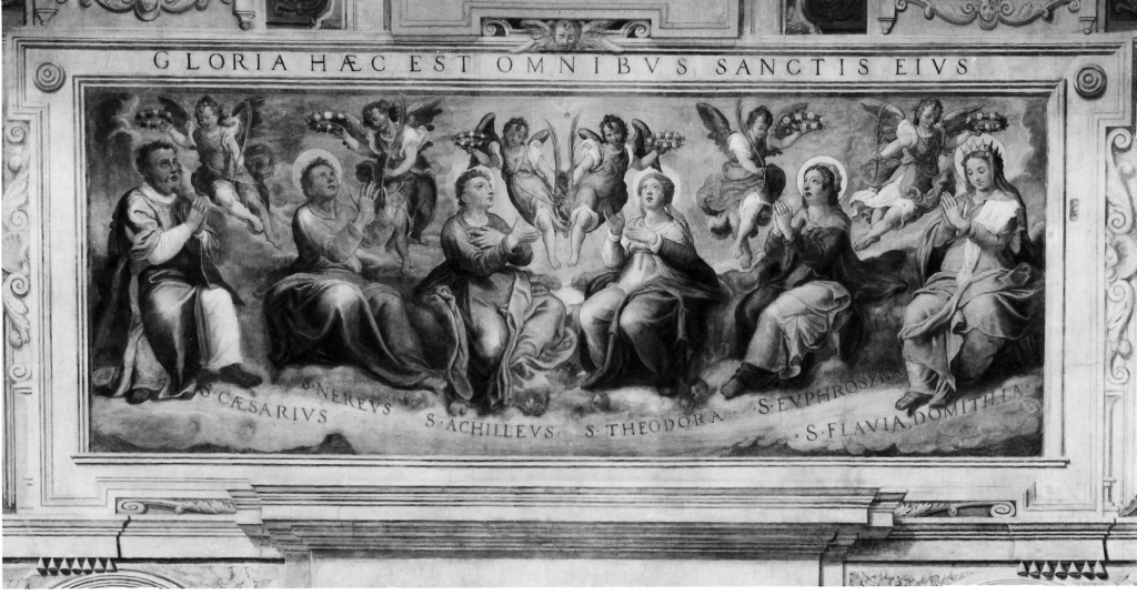 I Santi Cesareo, Nereo, Achilleo, Teodora, Eufrosina e Flavia Domitilla (dipinto, elemento d'insieme) di Roncalli Cristoforo detto Pomarancio (cerchia) (fine sec. XVI)