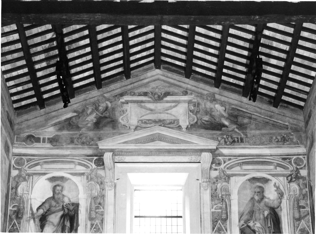 angeli reggitarga con palme del martirio (dipinto, elemento d'insieme) di Roncalli Cristoforo detto Pomarancio (cerchia) (fine sec. XVI)