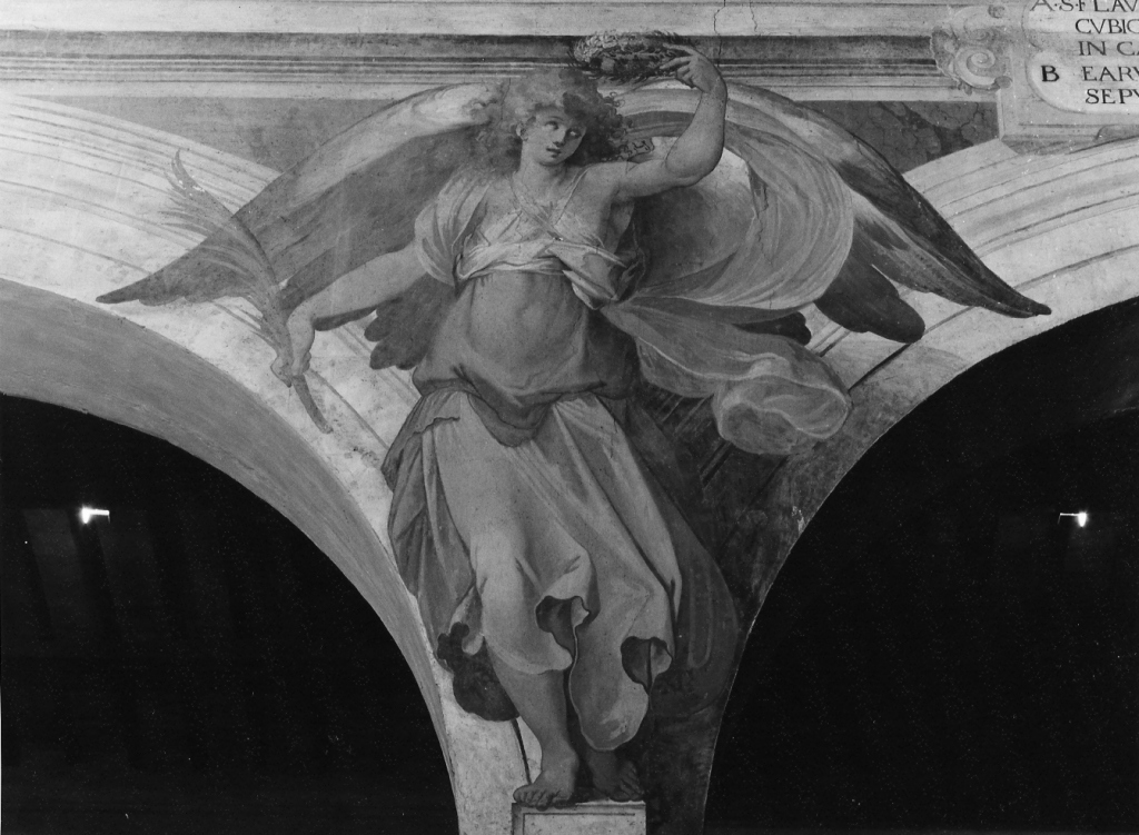 angeli con rami di palma e corone di mirto (dipinto, serie) di Roncalli Cristoforo detto Pomarancio (cerchia) (fine sec. XVI)