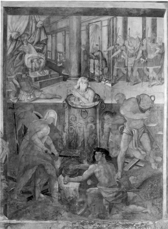 San Giovanni Evangelista immerso nell'olio bollente (dipinto, elemento d'insieme) - ambito romano (fine sec. XVI)