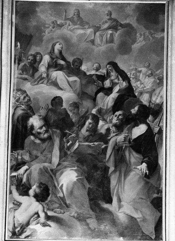 La Vergine intercede per S. Caterina e Gloria dei santi (dipinto) di Garzi Luigi (sec. XVII)
