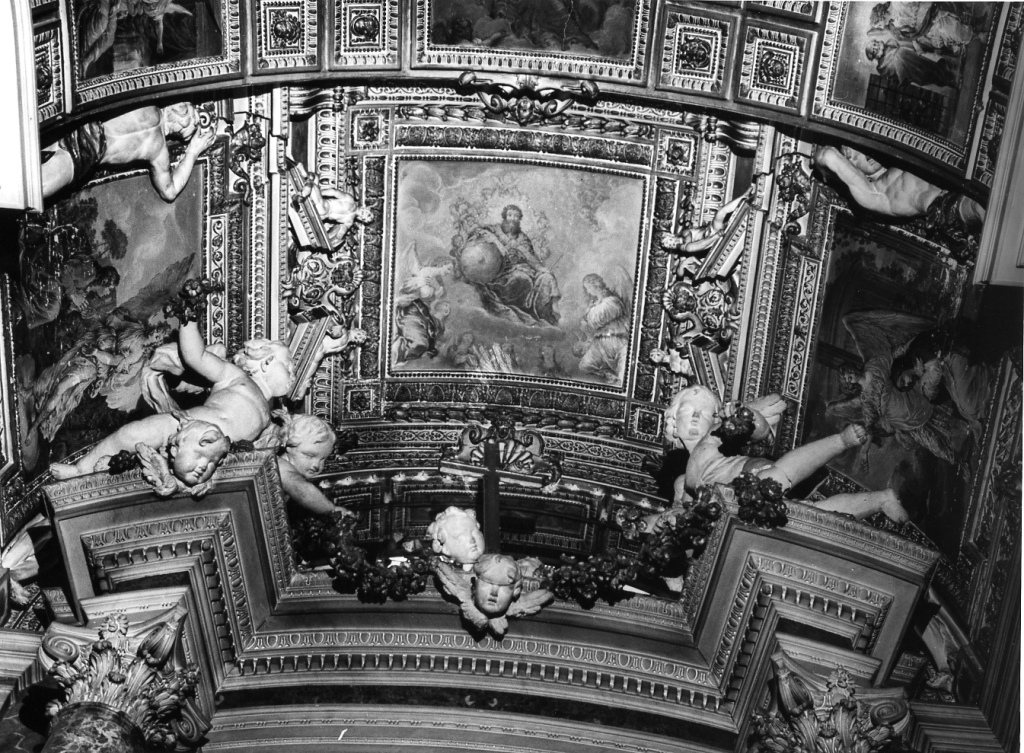 S. Giovanni a Patmos; Dio Padre con globo cirondato da cherubini e angeli; S. Caterina e l'angelo (dipinto) di Schor Giovan Paolo (metà sec. XVII)