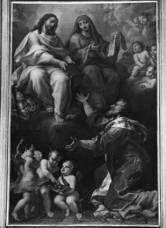S. Nicola di Bari al cospetto di Cristo e della Madonna (dipinto) di Nelli Pietro (fine/inizio secc. XVII/ XVIII)