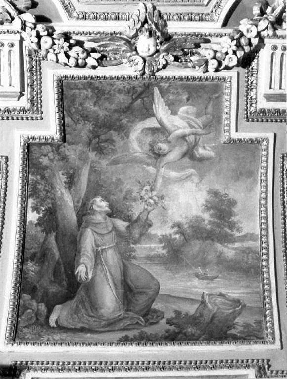 Un angelo porta a San Francesco le rose miracolose (dipinto) - ambito romano (fine sec. XVII)