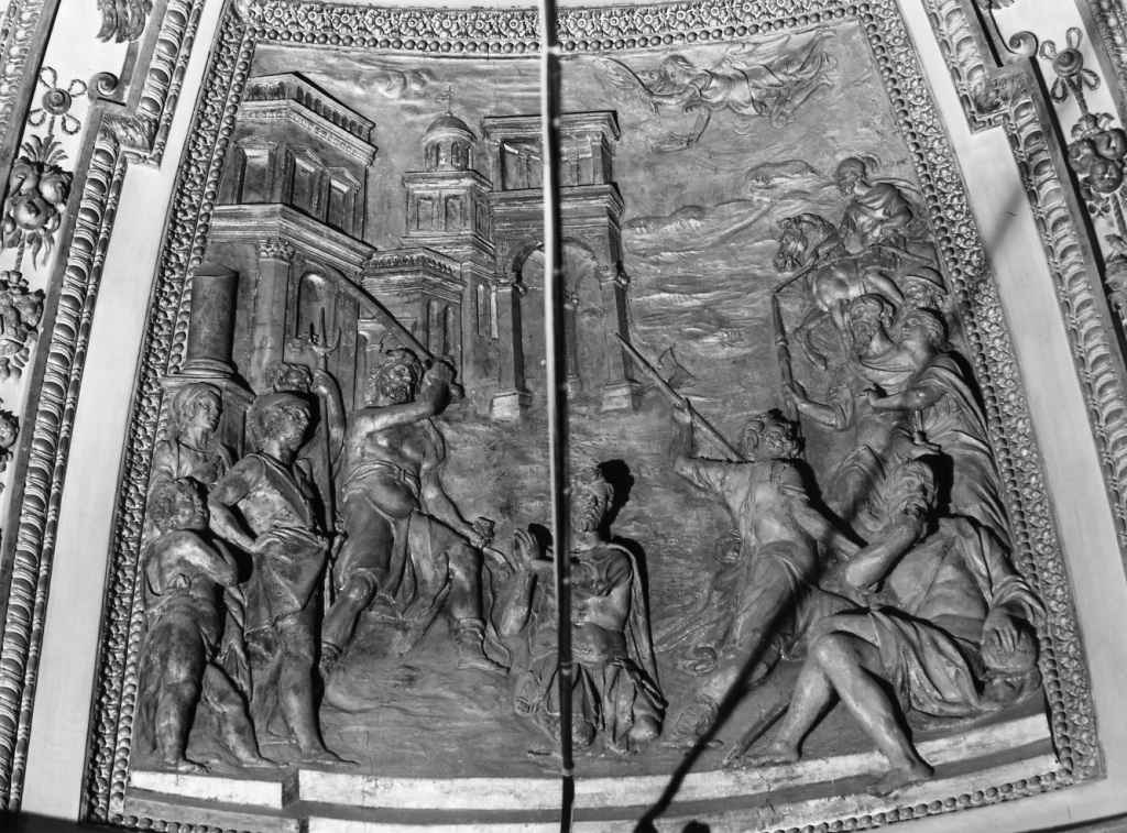 Giudizio e decapitazione di San Crisogono (rilievo) - ambito romano (sec. XVII)