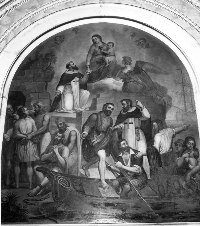 Madonna del Buon Rimedio dona una borsa di denari a San Giovanni de Matha per il riscatto degli schiavi (dipinto) di Liveruzzi Paolo - ambito romano (sec. XIX)