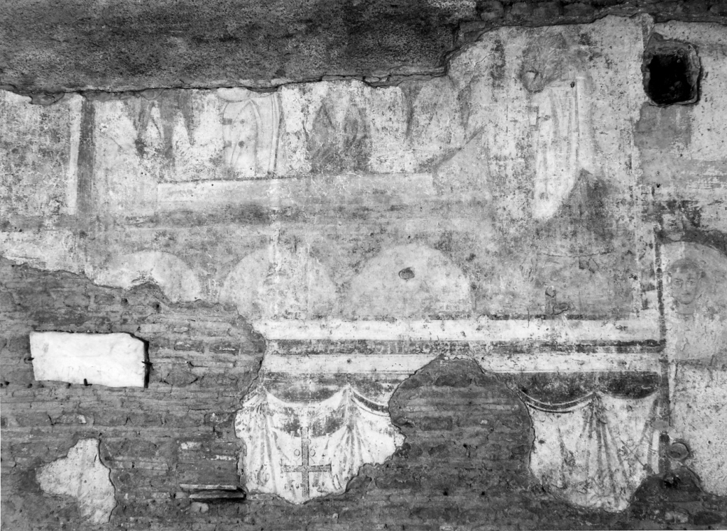 Santi, decorazioni a tendaggi (dipinto) - scuola romana (secc. VI/ VII)