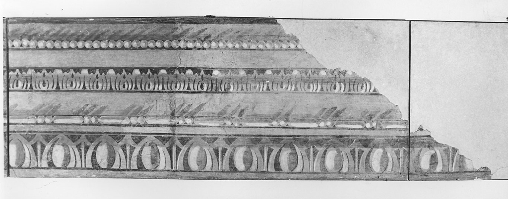 Fregio architettonico a ovoli, palmette e perle (dipinto, frammento) - ambito romano (sec. XV)