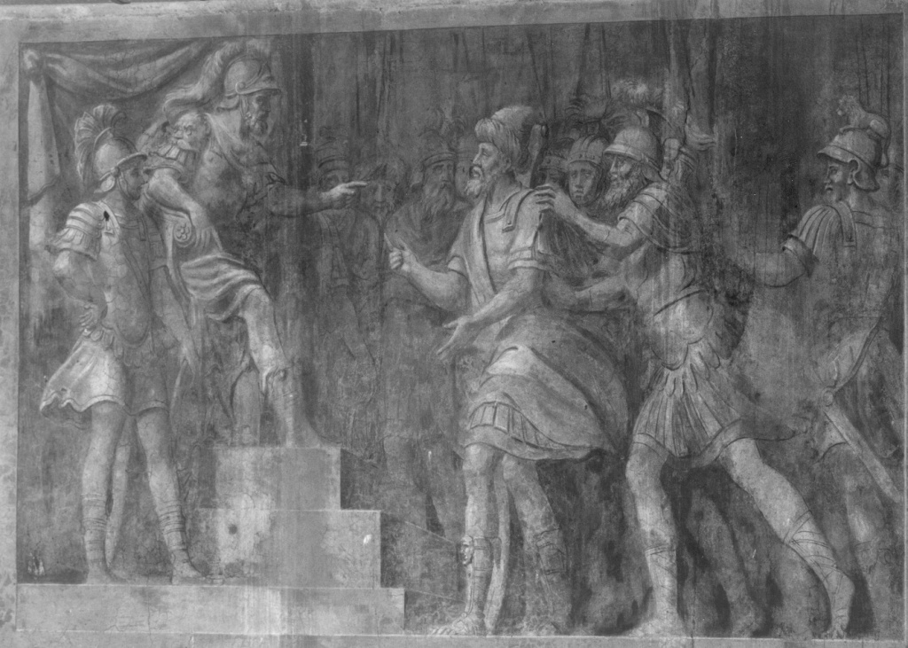 Indignazione di Oloferne dopo il discorso di Achior (?) (dipinto) di Furlano Nicolò (sec. XVI)
