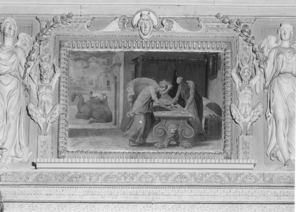 san Raffaele riscuote i soldi (dipinto) di Ponsio Jacquio (sec. XVI)