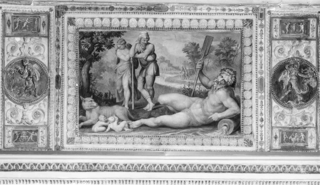 ritrovamento di Romolo e Remo da parte del pastore Faustolo (dipinto, ciclo) di Ponsio Jacquio (sec. XVI)