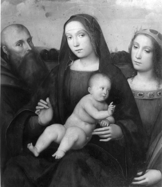 Madonna con Bambino e i santi Antonio abate e Caterina d'Alessandria (dipinto) di De Boateri Jacopo (prima metà sec. XVI)