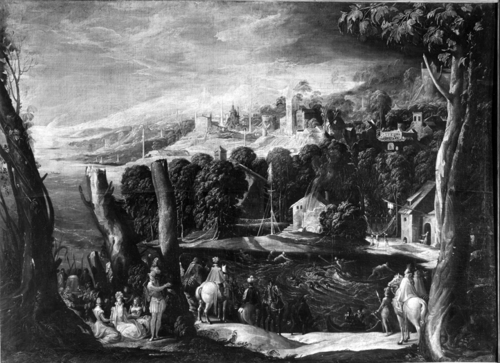 Paesaggio con figure di dame e cavalieri (dipinto) di Dell'Abate Niccolò (sec. XVI)