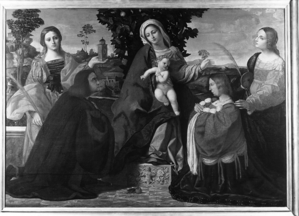 Madonna col Bambino, Santa Barbara, Santa Cristina e due devoti (dipinto) di Negretti Jacopo detto Jacopo Palma il Vecchio (primo quarto sec. XVI)