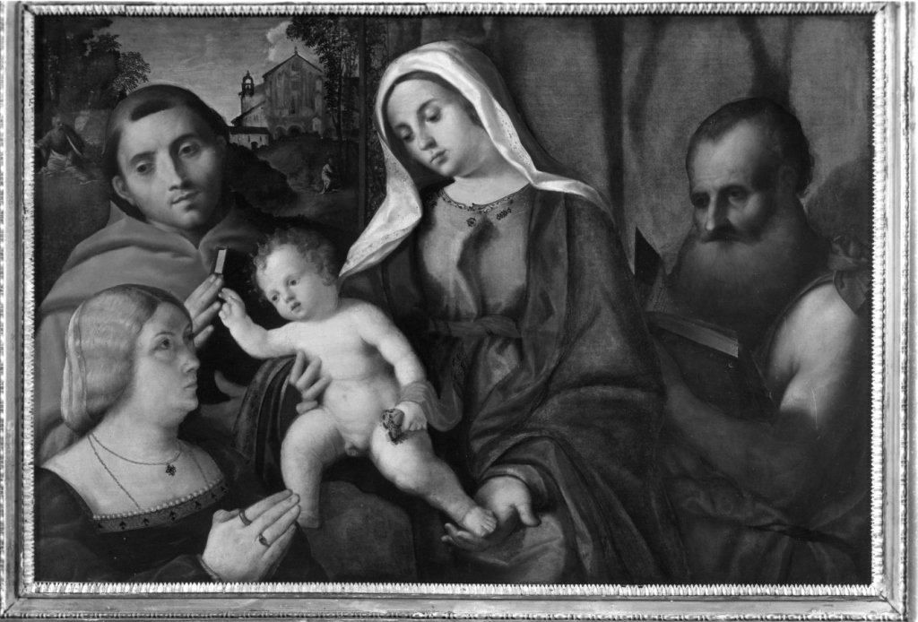 Madonna col Bambino e i santi Antonio da Padova, Girolamo e devota (dipinto) di Negretti Jacopo detto Jacopo Palma il Vecchio (sec. XVI)