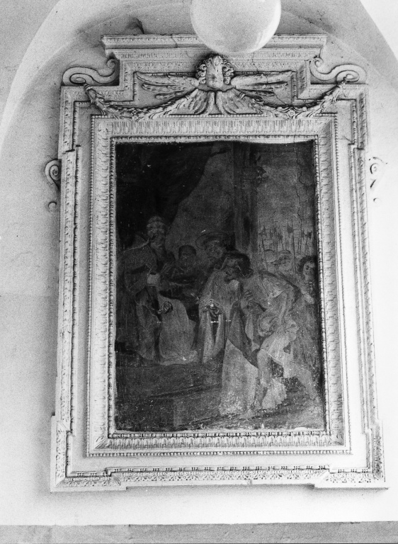 S. Bernardo conduce un guerriero peccatore al cospetto del papa (dipinto) - ambito romano (inizio sec. XVIII)