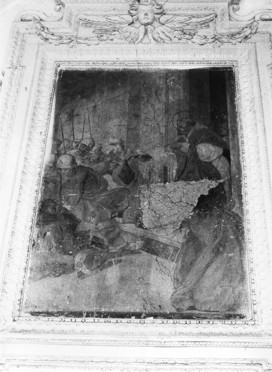 S. Bernardo al cospetto di un guerriero peccatore caduto a terra e circondato da soldati (dipinto) - ambito romano (inizio sec. XVII)