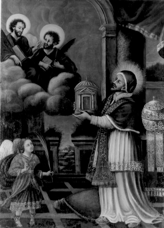 San Felice IV presenta la chiesa ai Ss. Cosma e Damiano (pala d'altare) - ambito romano, ambito toscano (inizio sec. XVII)