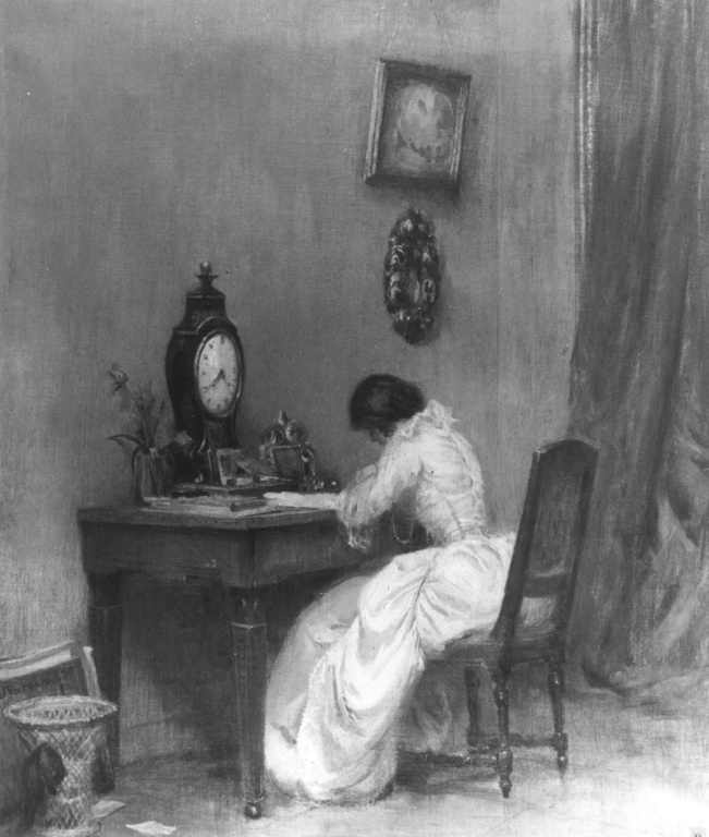 donna seduta ad una scrivania (dipinto) - ambito romano (fine sec. XIX)