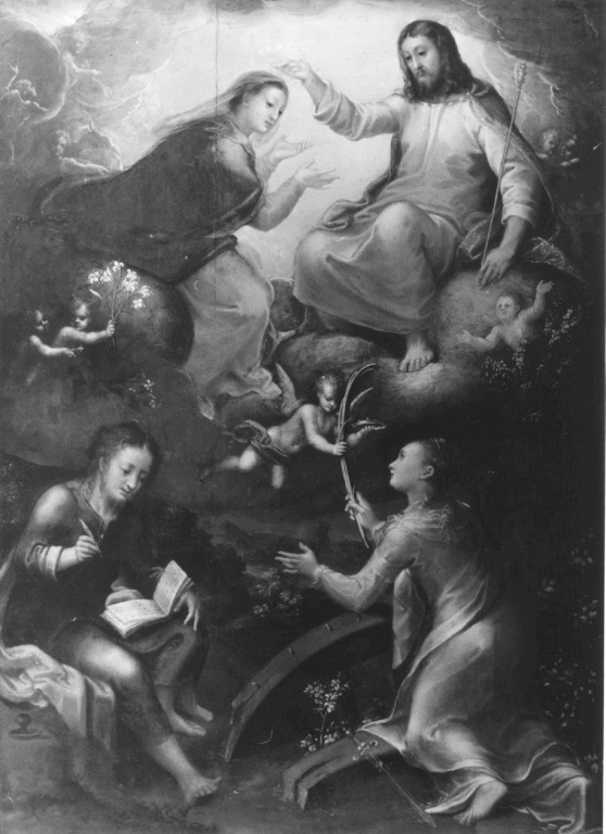 incoronazione della Madonna tra Santa Caterina e San Giovanni Evangelista (dipinto) di Allegri Pomponio (attribuito) - ambito parmense (sec. XVI)