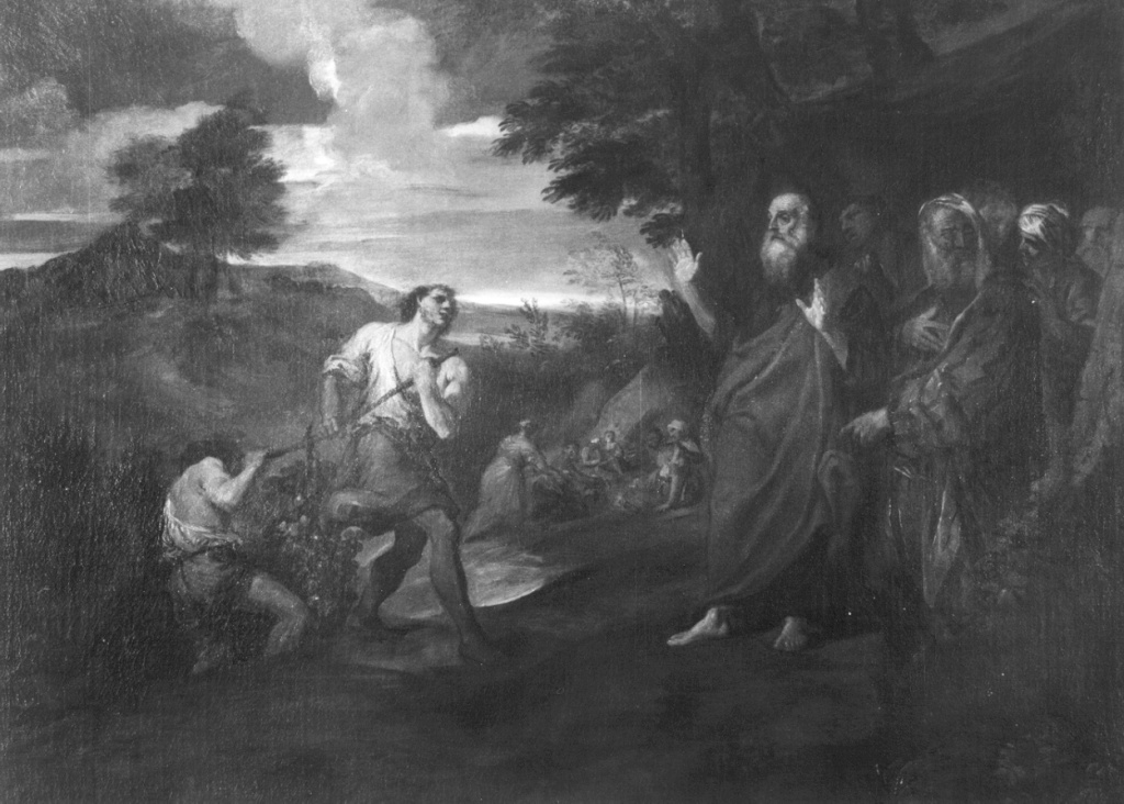 gli esploratori tornano dalla terra promessa (dipinto) di Mola Pier Francesco (attribuito) (sec. XVII)