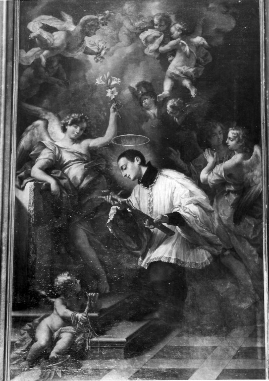 San Luigi Gonzaga in adorazione del crocifisso (dipinto) di Mazzanti Ludovico (attribuito) (sec. XVIII)