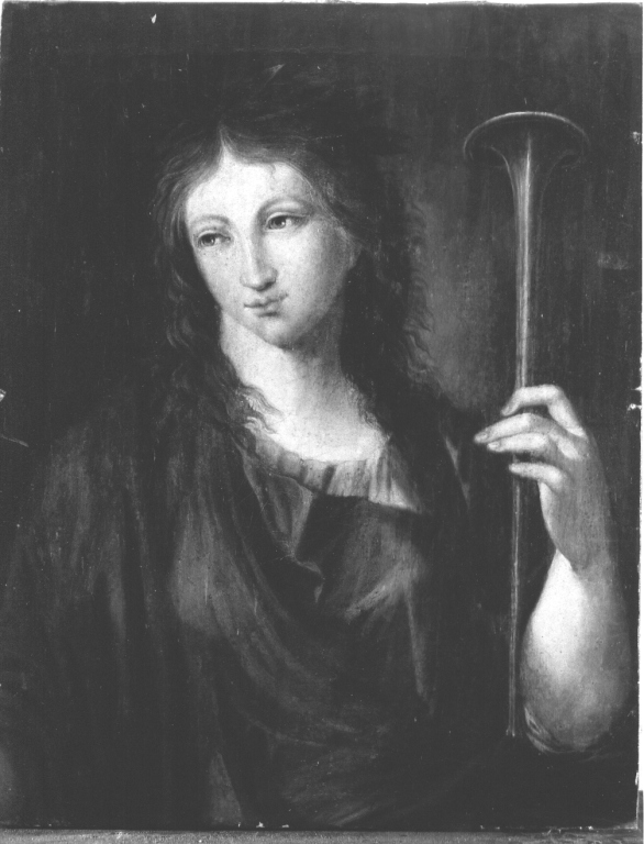 ritratto di donna con tromba (dipinto) - ambito romano (metà sec. XVIII)