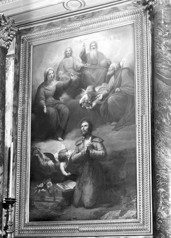 San Benedetto Giuseppe Labre orante di fronte alla Madonna, San Giuseppe e la Trinità (dipinto) di Pasqualoni Vincenzo (attribuito) (sec. XIX)