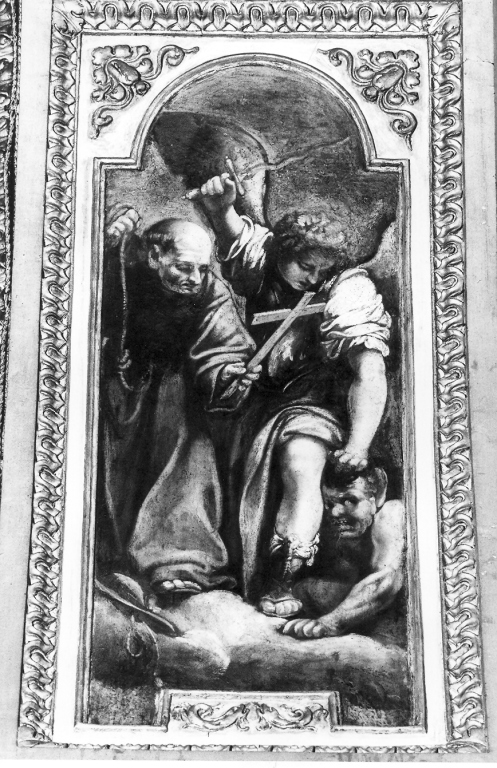 San Silvestro I e San Michele Arcangelo sconfiggono il demonio (dipinto) di Saraceni Carlo (primo quarto sec. XVII)