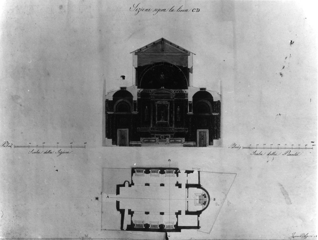 Sezione e pianta di S. Maria in Monticelli (disegno) di Azzurri Francesco (sec. XIX)