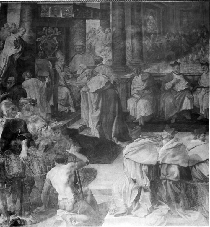 Pio IV che promulga la bolla "Benedictus Dei" (dipinto) di Cati Pasquale (attribuito) (sec. XVI)