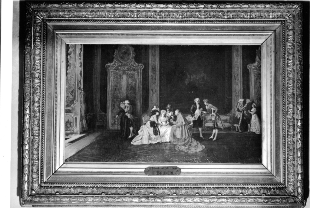 Il ritardo del fidanzato, scena familiare (dipinto) di Bruneri Francesco (seconda metà sec. XIX)
