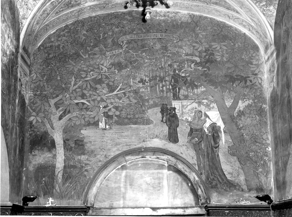 alberi con figure in abito medievale (dipinto) - ambito romano (sec. XX)