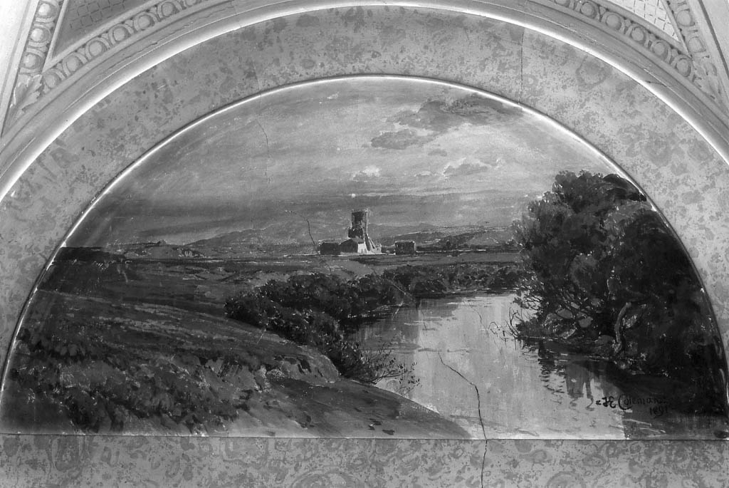 paesaggio con rovine e figure vicino ad un fiume (dipinto) di Coleman Enrico (sec. XIX)