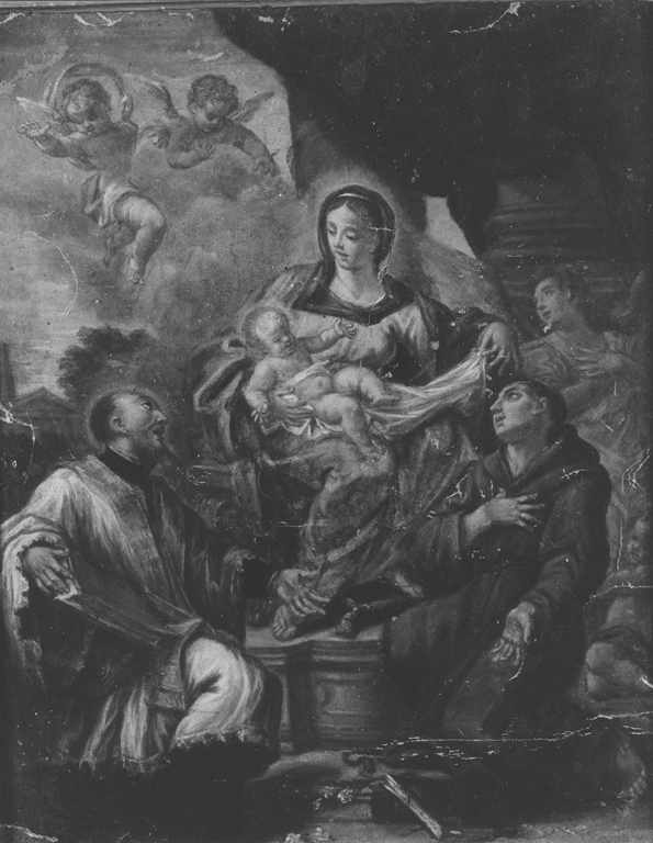 Madonna con Bambino in trono con Sant'Antonio da Padova e Sant'Ignazio di Loyola (dipinto) di Romagnoli (attribuito) (prima metà sec. XVII)