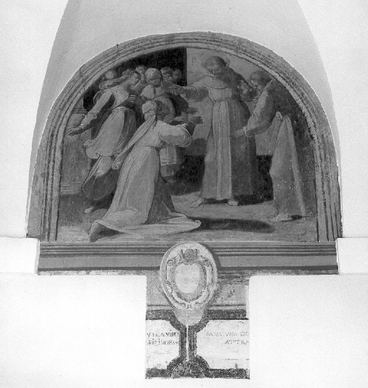 San Francesco guarisce una donna con le mani rattrappite (dipinto) di Lombardelli Giovanni Battista detto Montano (sec. XVI)