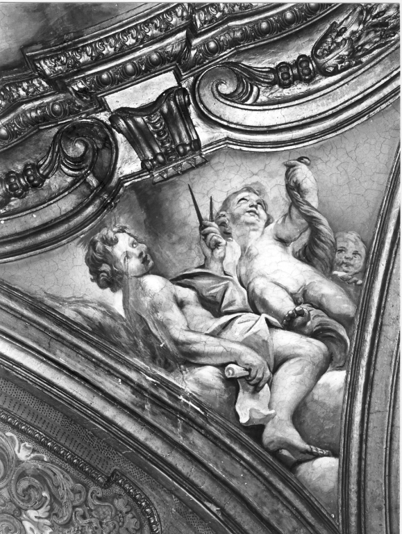 angeli con compasso, rotolo e cornucopia (dipinto) di Beinaschi Giovan Battista (seconda metà sec. XVII)