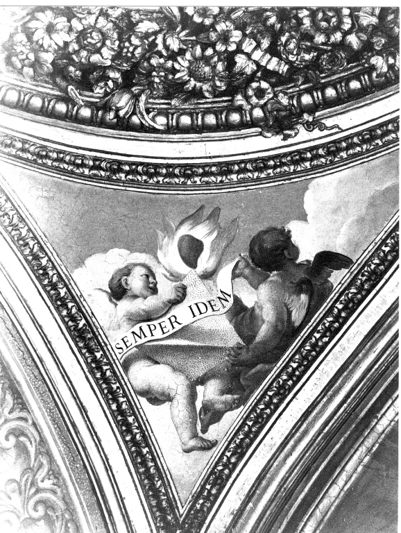 angeli con piramide sormontata da cuore fiammeggiante e cartiglio (dipinto) di Garzi Luigi (sec. XVII)