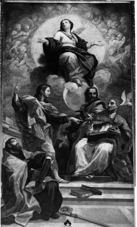 Immacolata Concezione con Sant'Agostino, San Gregorio Magno, San Giovanni Evangelista e San Giovanni Crisostomo (decorazione musiva) - ambito romano (sec. XVIII)