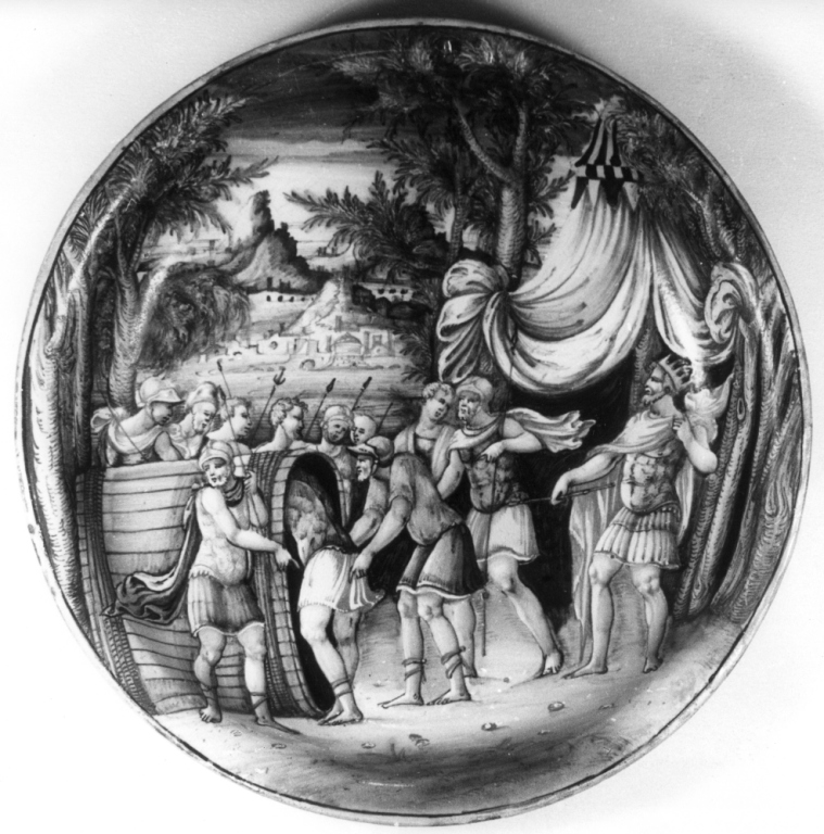 Attilio Regolo costetto a entrare nella botte (piatto da pompa) - produzione di Urbino (sec. XVI)
