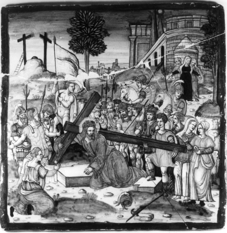 Cristo e il cireneo (targa) - produzione di Urbino (sec. XVI)