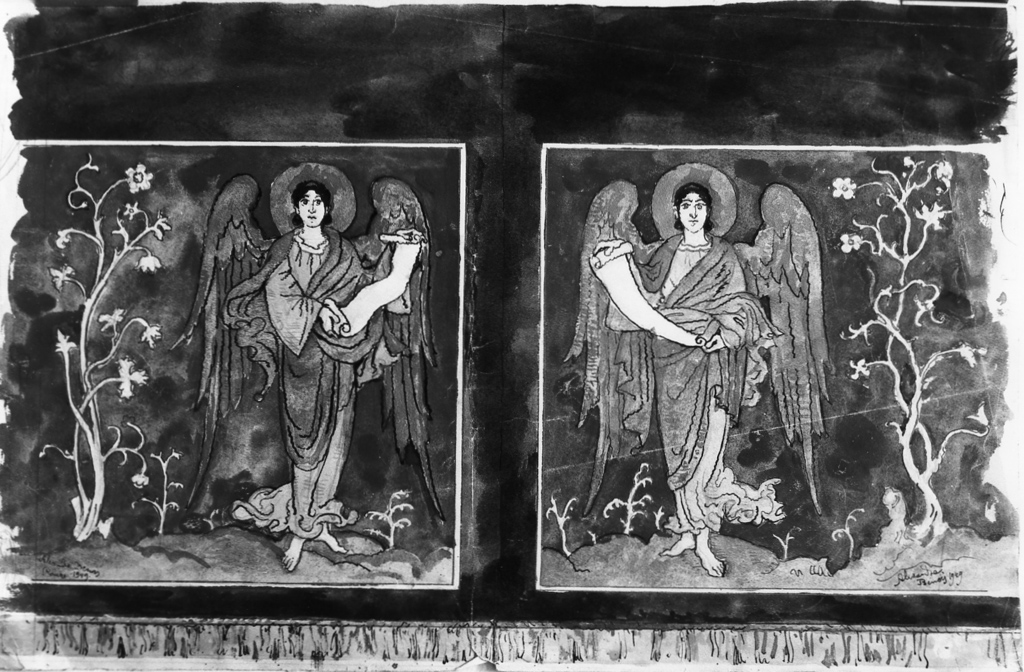 angeli reggicartiglio (dipinto) di Benois Aleksander (sec. XX)