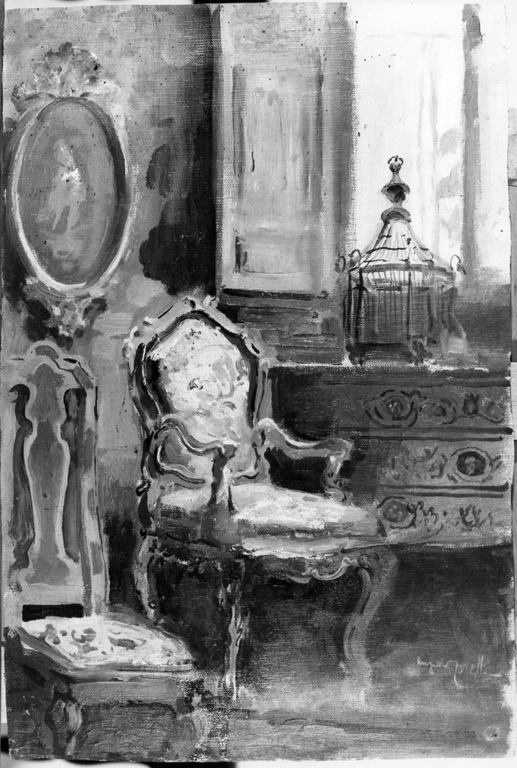 Veduta di interno di un salottino (dipinto) di Carelli Augusto (sec. XX)