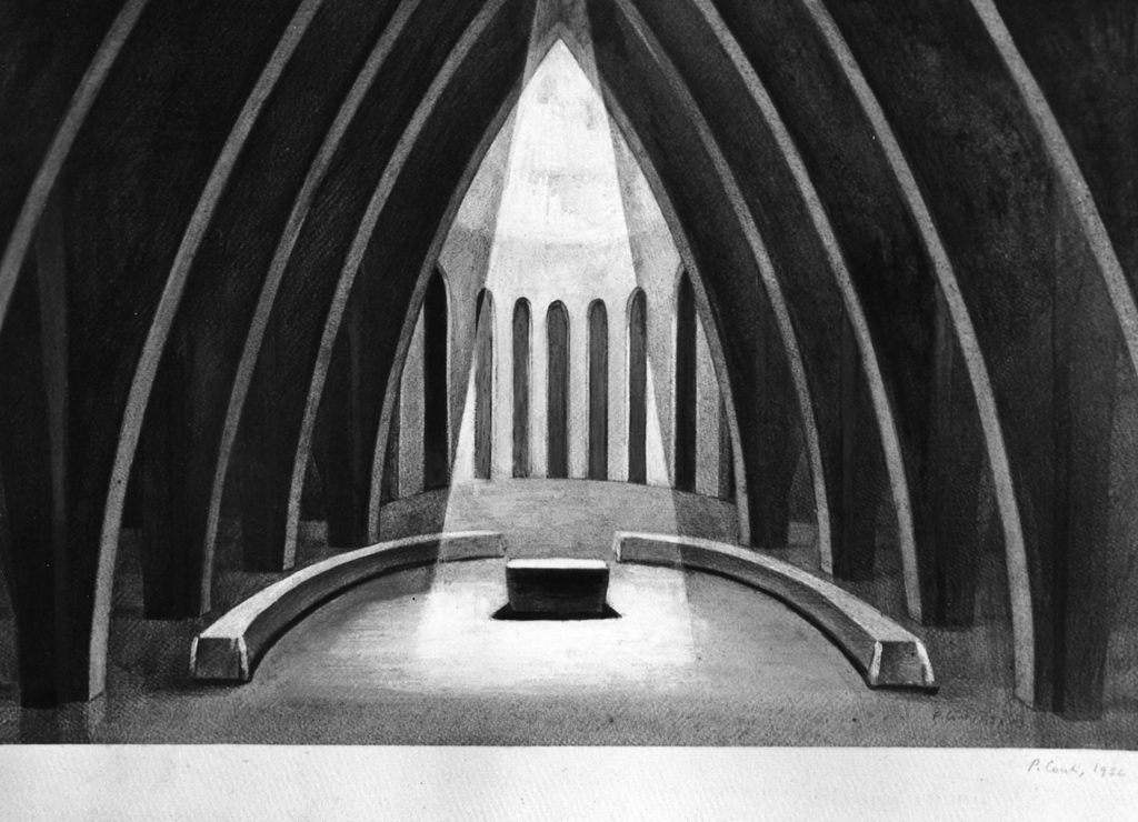interno di un tempio (dipinto) di Conti Primo (sec. XX)
